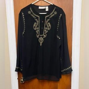 Jane Ashley Black Blouse with Gold Embroidery 1X